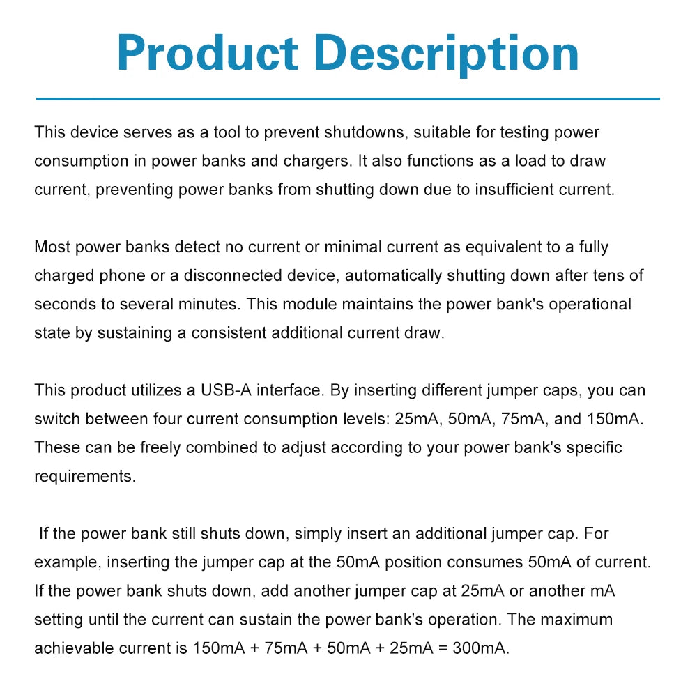 Charging Protection Module USB A Power Bank Virtual Load Anti-Shutdown Module with Switchable Output Current