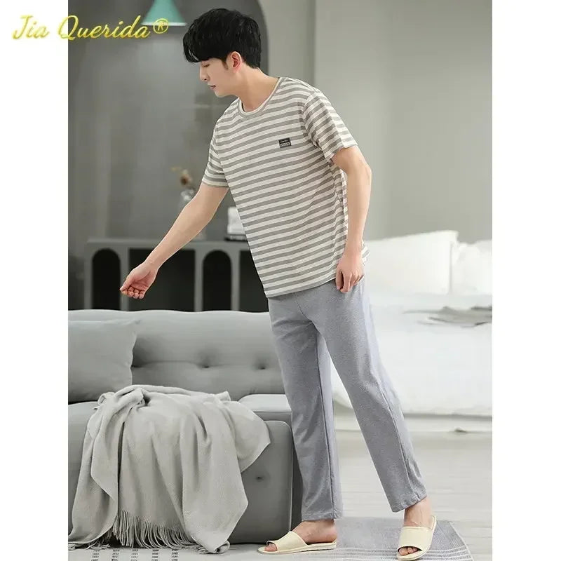 SUKAE Mens Plus Size L-5XL Homewear Summer Cotton Short Sleeve Full Pants Pajamas Set for Man Leisure Sleepwear Trendy Nightwear