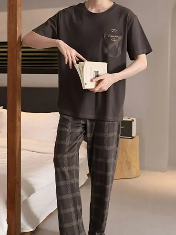 SUKAE Mens Plus Size L-5XL Homewear Summer Cotton Short Sleeve Full Pants Pajamas Set for Man Leisure Sleepwear Trendy Nightwear