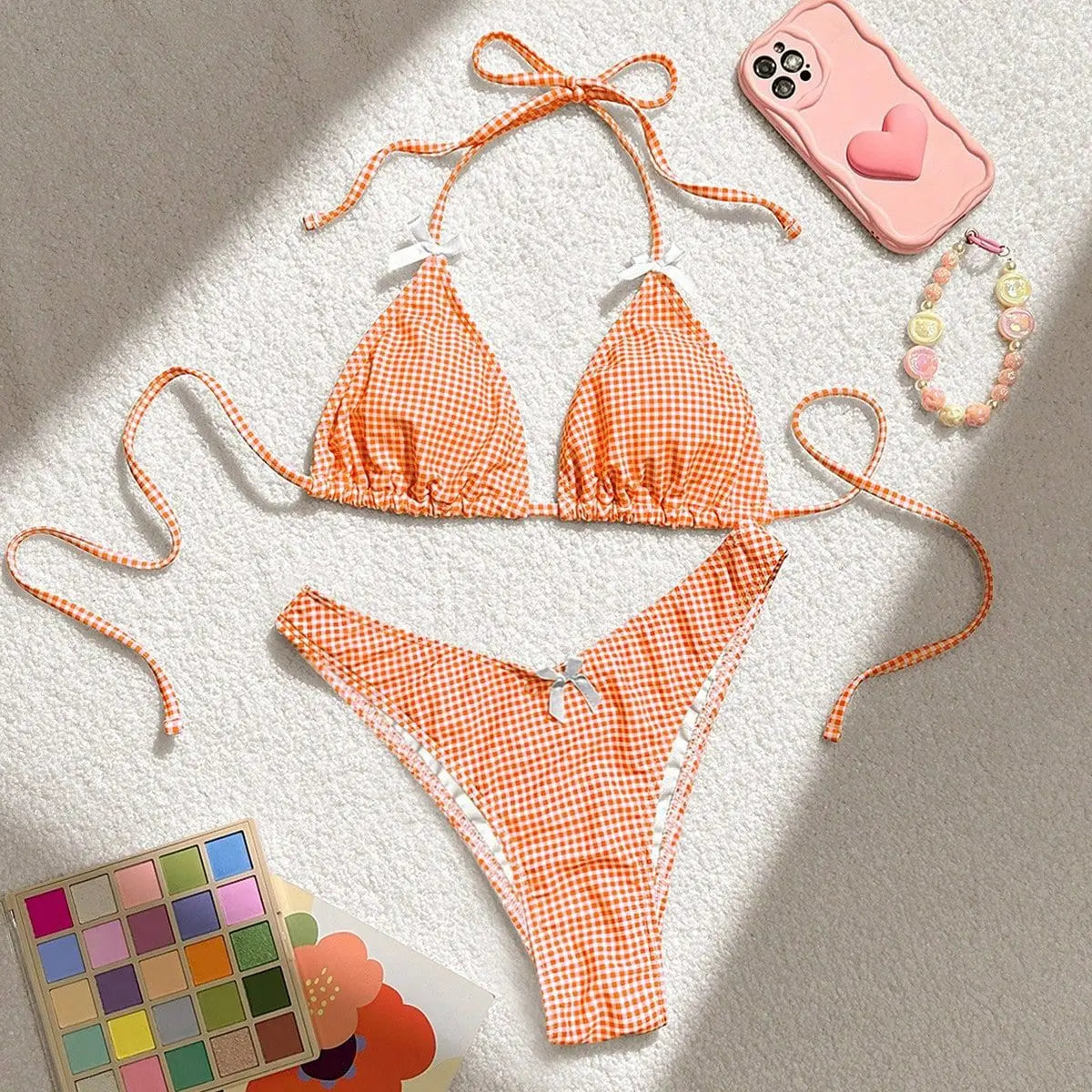 Blue Plaid Print Two Piece Swimsuit for Women Sexy Bow Suspender Backless Bikini Set High Waist Thong Beach Bathing Suit 2025
