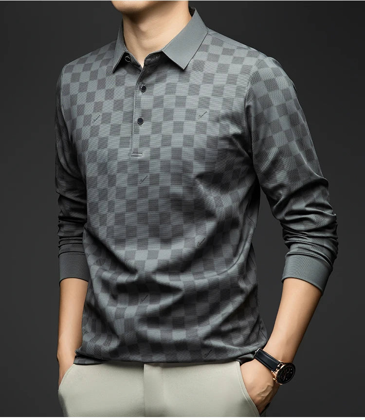 BROWON Polo Shirts for Man Autumn Business Slim Fit Long Sleeve T Shirt Men 2026 New Casual Loose Pullover Plaid Men Tops & Tees