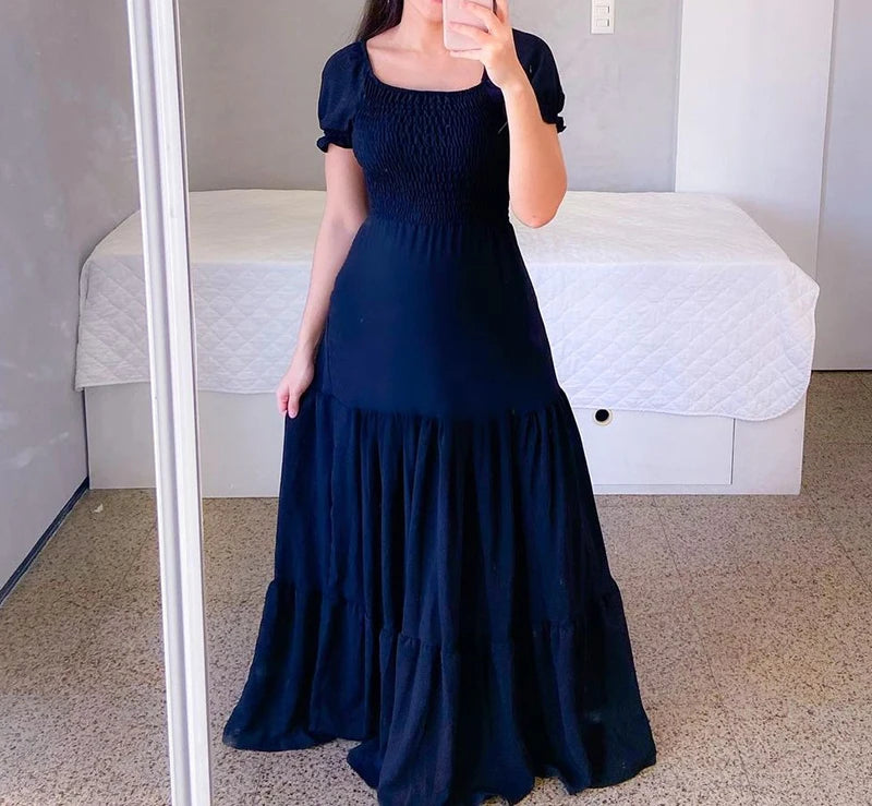 A Line Pleated Blue Princess Long Dresses Women Puff Sleeve High Waist Square Neck Maxi Dress Summer Solid Ruffles Party Dresses