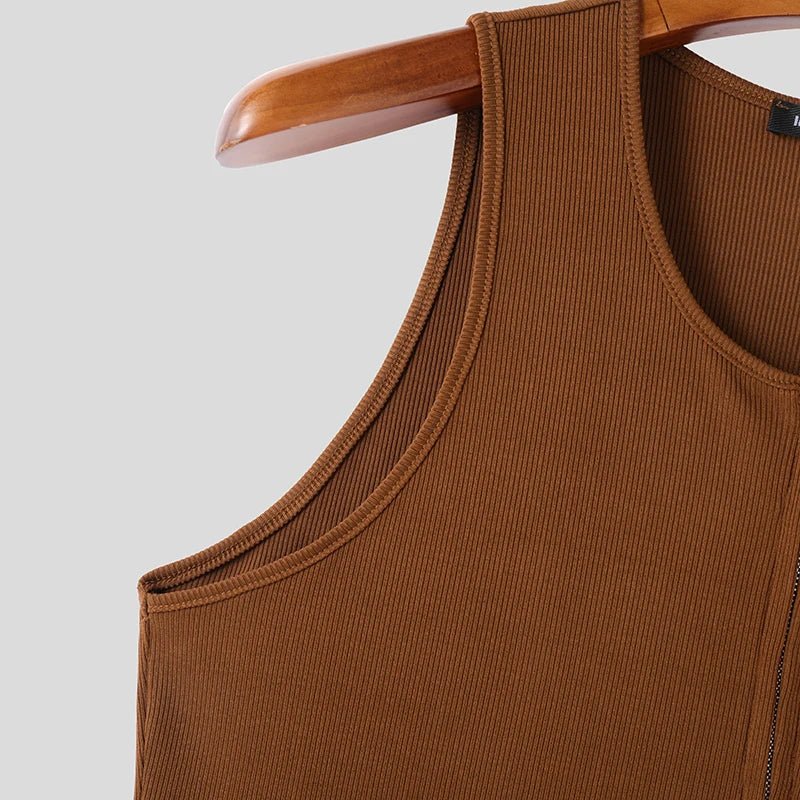 2025 Men Tank Tops Solid Color Knitted Zipper Sleeveless Male Vests Summer Streetwear Skinny Fashion Men Clothing S-3XL INCERUN