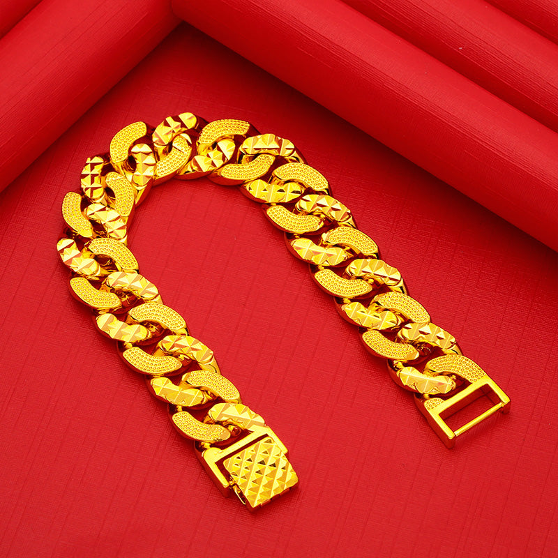 Pure 18 K Color Bracelets for Men Bro Father Boss Yellow Gold Color Classic Jewelry Thickening Bangle Never Fade
