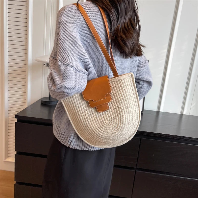 Large Capacity Beach Shopping Bag Luxury Design Woven Shoulder Bag Women Handmade Cotton Thread Woven Handbag Summer Travel Bag