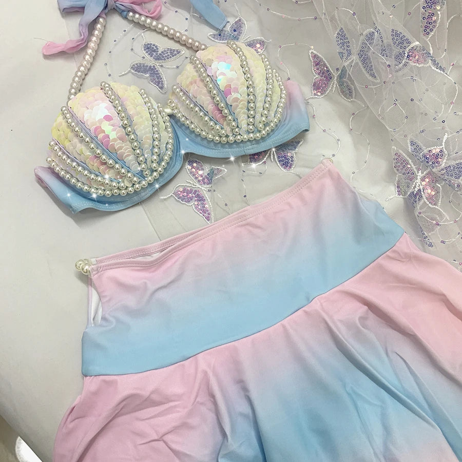 RM Mermaid Sequin Corset Bikini Swimsuit Free Diving Performance Oceanarium Electro Festival Bra Bar Cos Costumes
