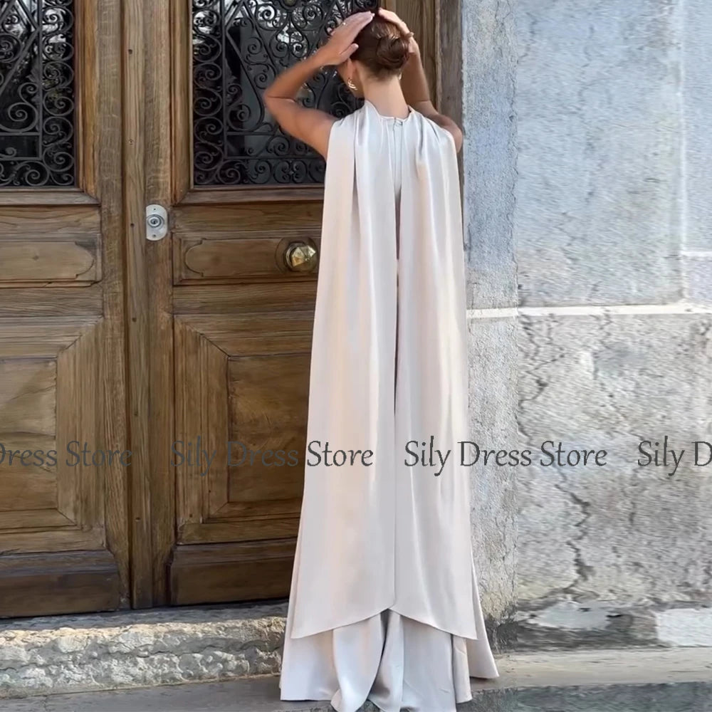 Saudi Arabian Dresses for Special Occasions Satin Mermaid Evening Dress White O-Neck Trumpet Formal Dresses with Shawl