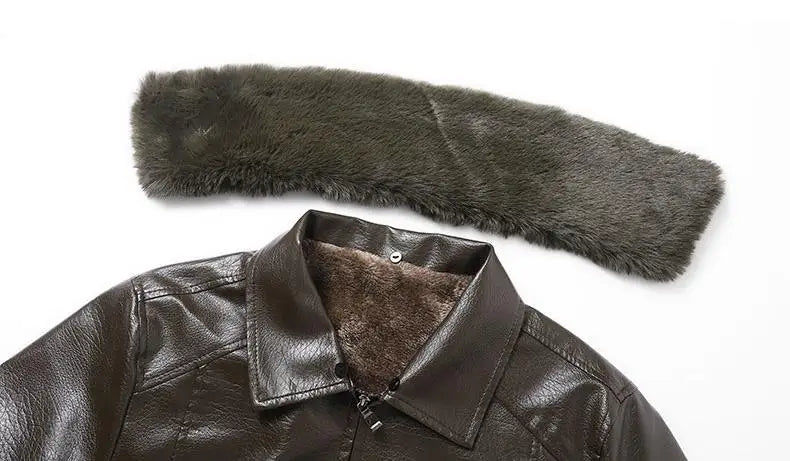 Winter Men Fleece Motor Biker Leather Jacket Man Lapel Thick Outwear Leather Coat Man Vintage Formal Fashion Leather Windbreaker