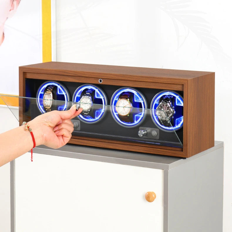 Household Vertical Watch Winding Four-position Organizer Box Mechanical Watches Automatic Rotating Winders Device with LED Light
