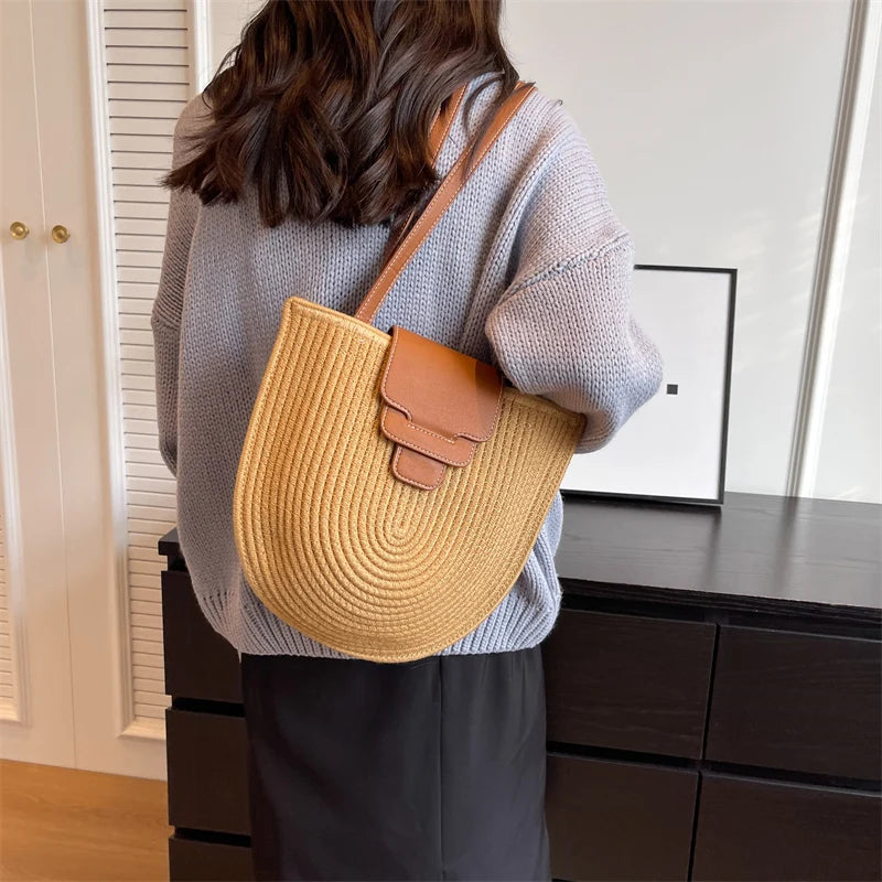 Large Capacity Beach Shopping Bag Luxury Design Woven Shoulder Bag Women Handmade Cotton Thread Woven Handbag Summer Travel Bag