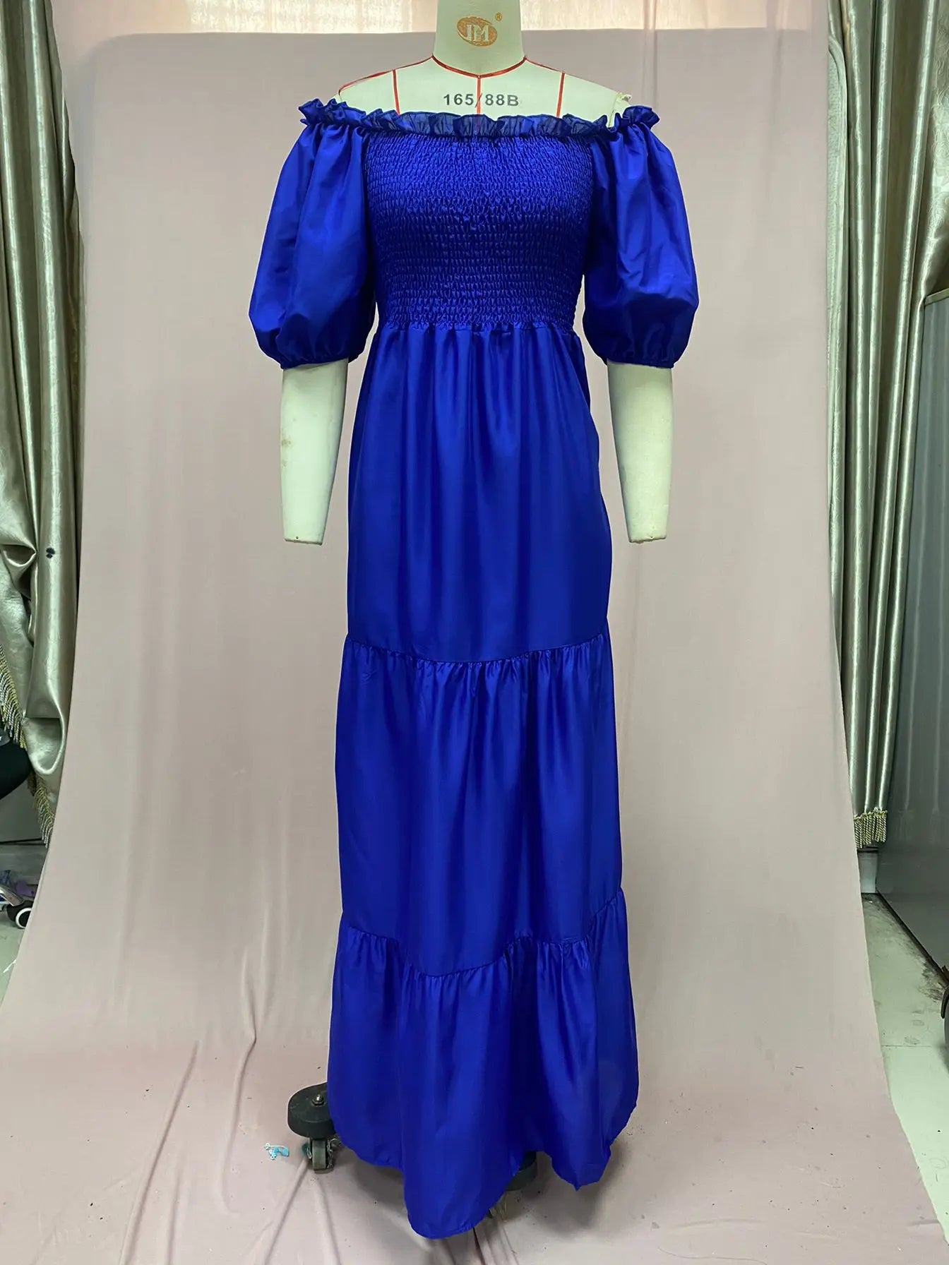 A Line Pleated Blue Princess Long Dresses Women Puff Sleeve High Waist Square Neck Maxi Dress Summer Solid Ruffles Party Dresses
