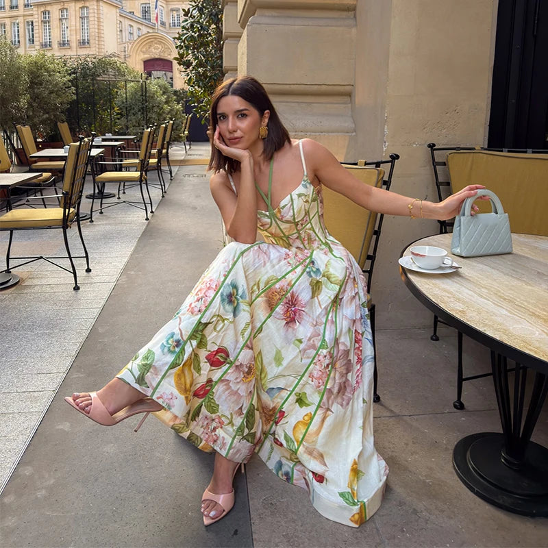 Elegant Printed Women's Dress Sleeveless Halter Waist-Closed A-Line Lady Dresses 2026 Spring Summer Female Robe New