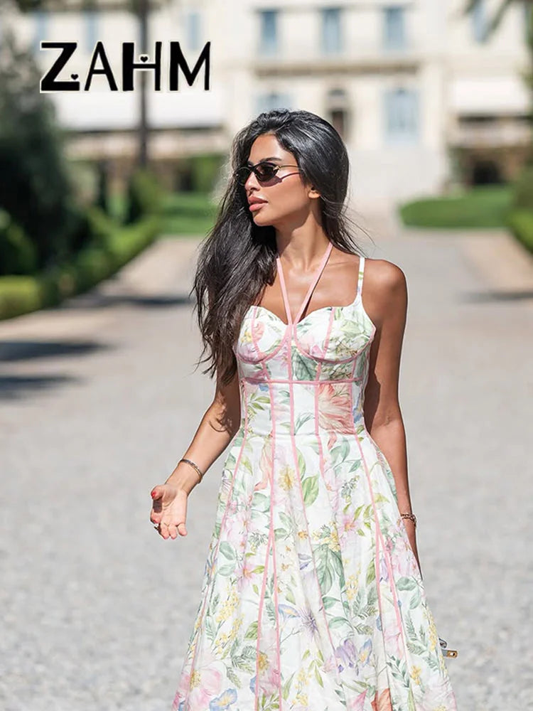 Elegant Printed Women's Dress Sleeveless Halter Waist-Closed A-Line Lady Dresses 2026 Spring Summer Female Robe New
