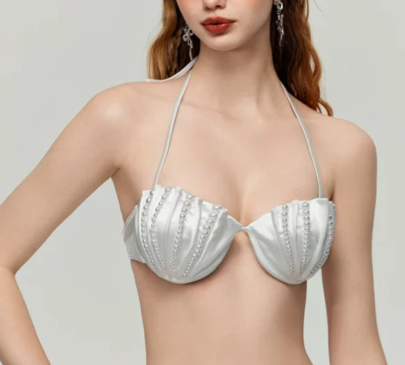High-Grade Pearl White Bikini Women's Small Chest Push up Swimsuit Seaside Vacation
