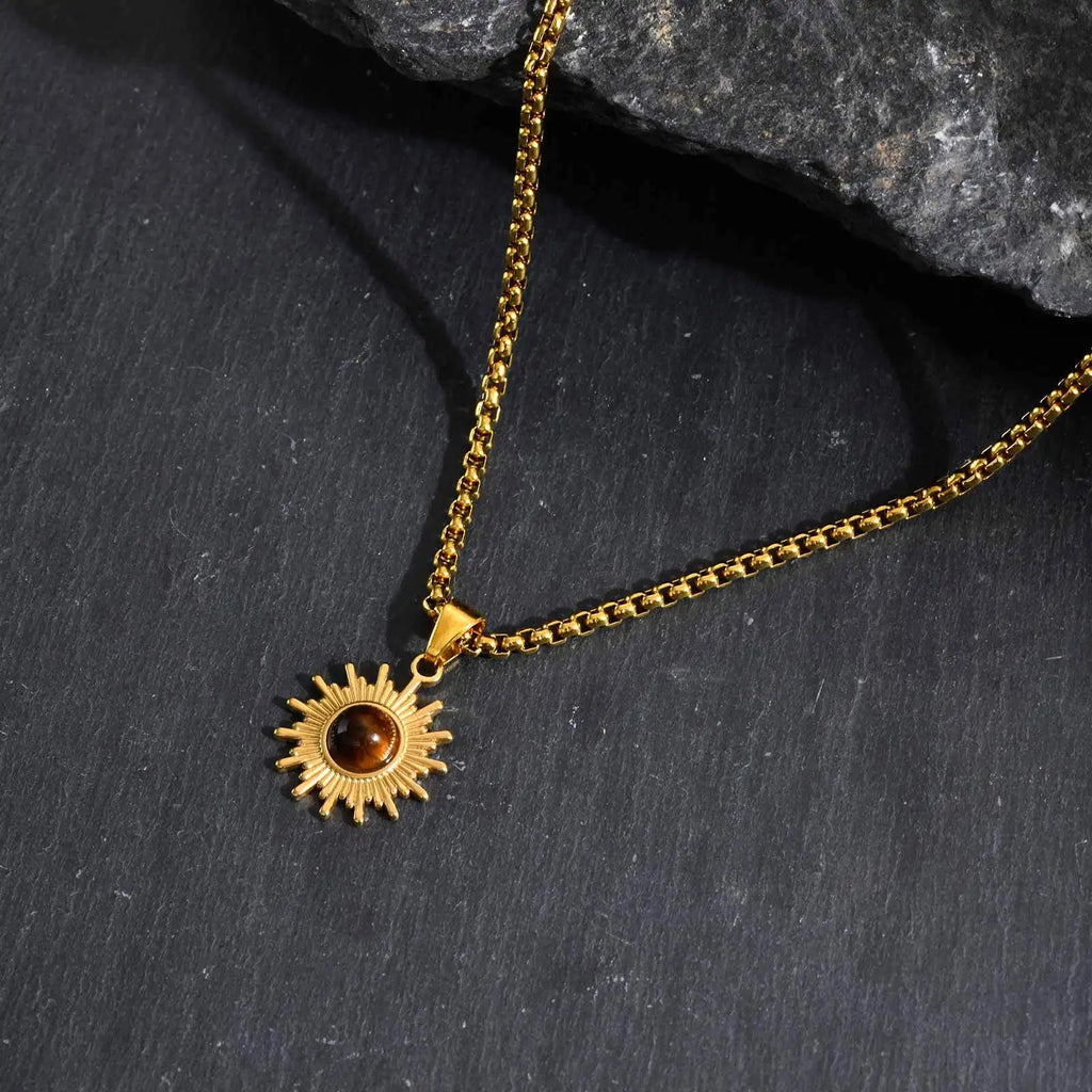 Trendy Sunflower Necklace for Men Boys,Stainless Steel Natural Stone Pendant,Jewelry Gift for Husband Dad Son BBF