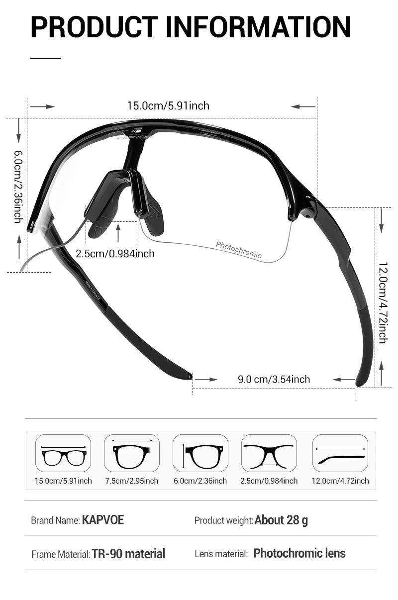 KAPVOE New Photochromic Hiking Eyewear Sunglasses Man Cycling Glasses Driving Bicycle Women MTB Bike Outdoor Sport UV400 Goggles