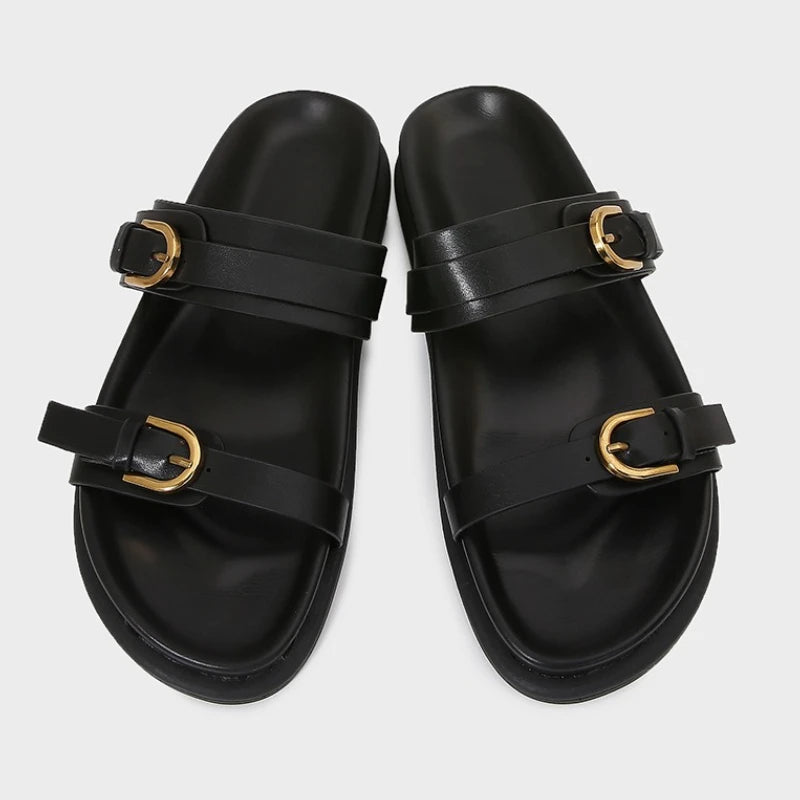 Metal Buckle Soft Leather Women Roman Shoes Thick Bottom Women Summer Slippers Leisure Comfort Non-slip Women Beach Flat Sandals