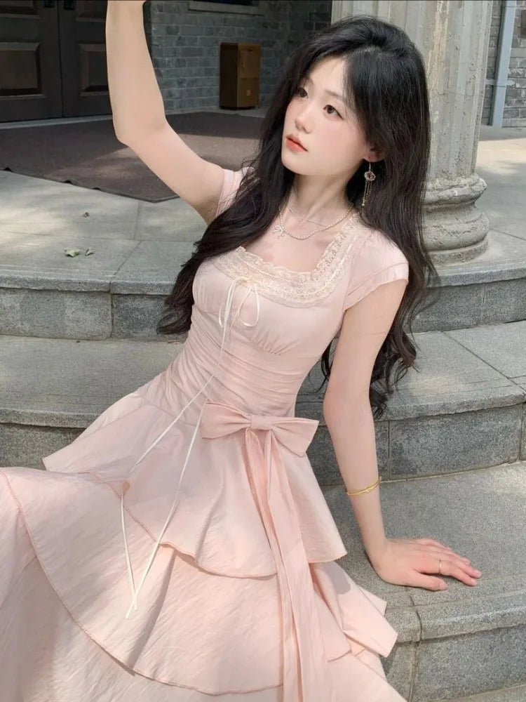 Pink Square Collar Korean Style Long Dress Women Japan Style Sweet Elegant Fairy Dress Female Fashion Summer Casual Party Dress
