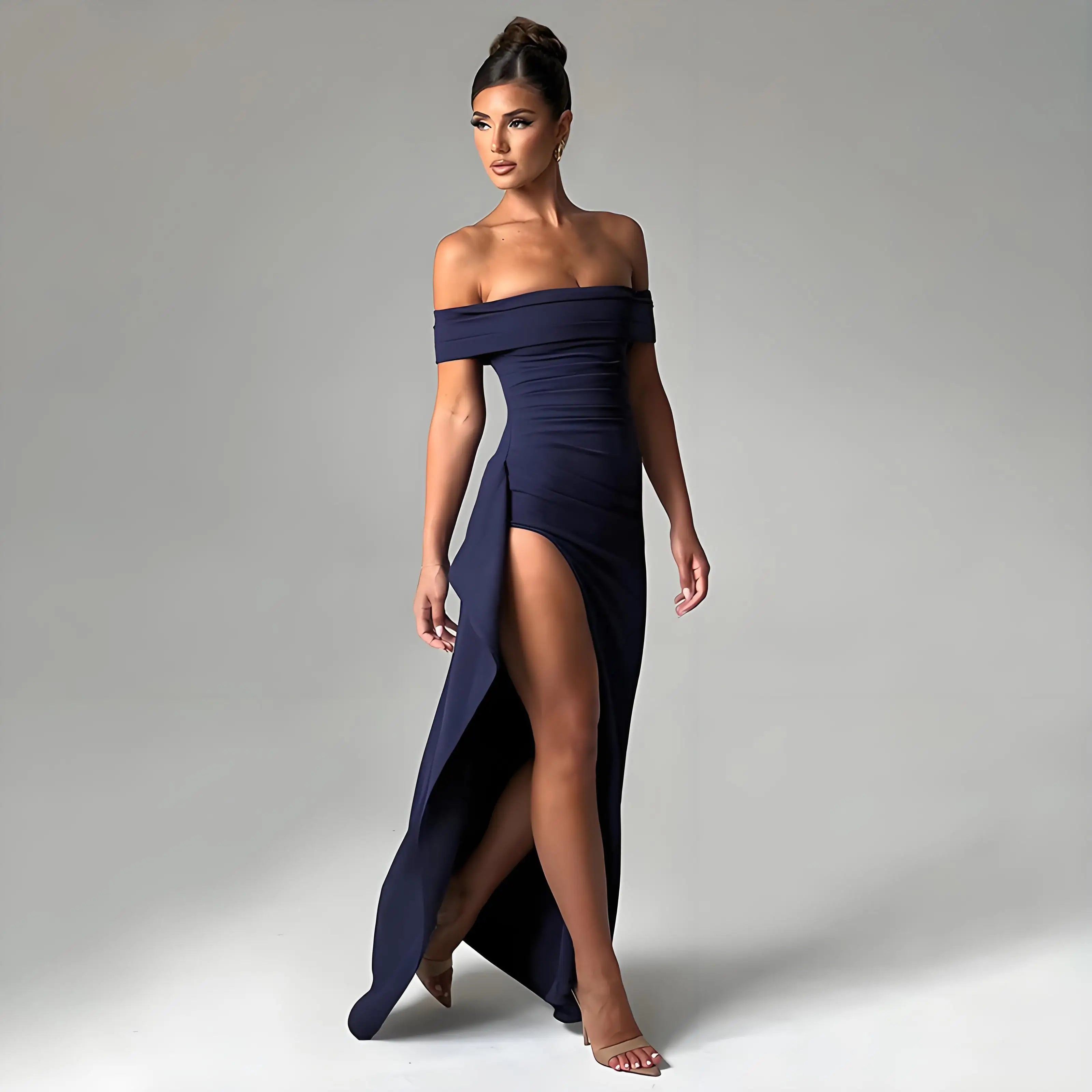Elegant Evening Dress, Solid Color, Off-Shoulder, Women's Sexy High-Waisted Side-Slit Long Dress, Formal Maxi Ladies' Party Evening Dress