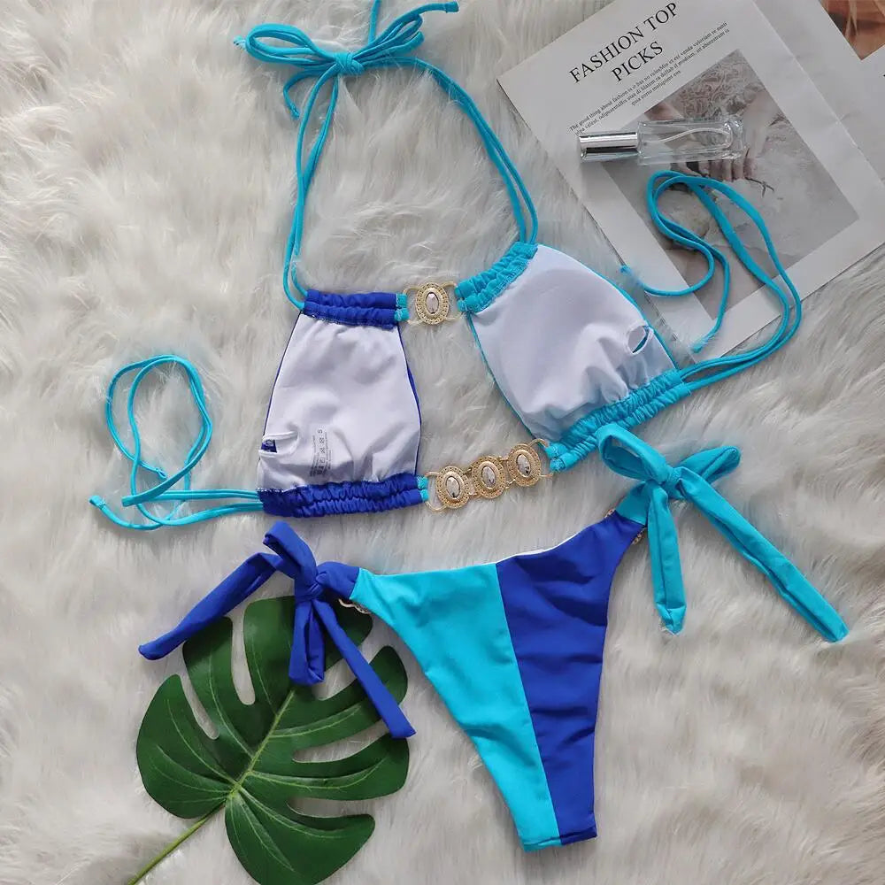 2026 Splicing Halter Diamond Bikini Women Swimsuit Female Swimwear Two Pieces Bikini Set Hollow Out Bathing Suit Swim Beach Wear