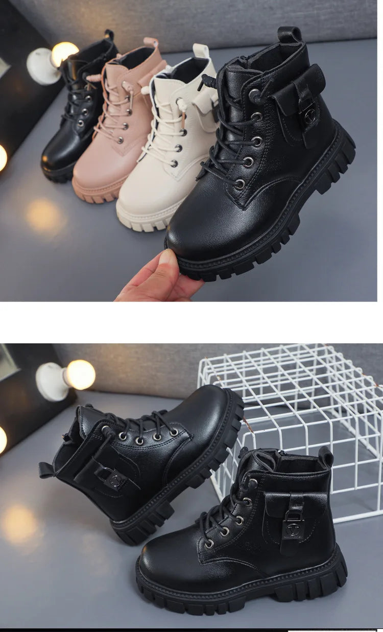 Autumn and Winter Girls Ankle Boots Fashion Non-slip Boys PU Leather Short Boots Children Korea Boots Fall Toddler Girl Boots