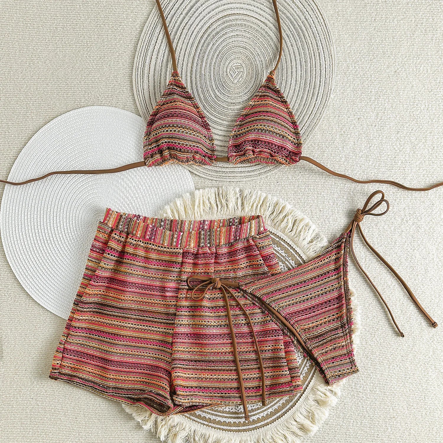 Sexy Crochet Bikini Set 2026 Women Coffee Contrast Striped High Waist Panties 3 Piece Swimsuit Bathing Suit Knitted Swimwear