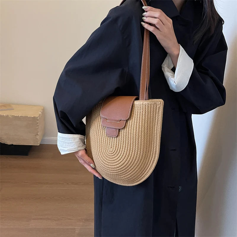 Large Capacity Beach Shopping Bag Luxury Design Woven Shoulder Bag Women Handmade Cotton Thread Woven Handbag Summer Travel Bag