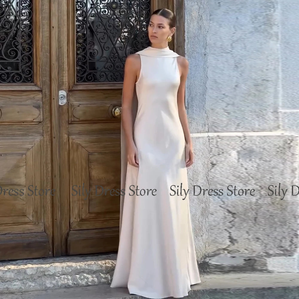 Saudi Arabian Dresses for Special Occasions Satin Mermaid Evening Dress White O-Neck Trumpet Formal Dresses with Shawl