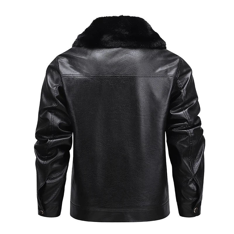 Winter Men Fleece Motor Biker Leather Jacket Man Lapel Thick Outwear Leather Coat Man Vintage Formal Fashion Leather Windbreaker