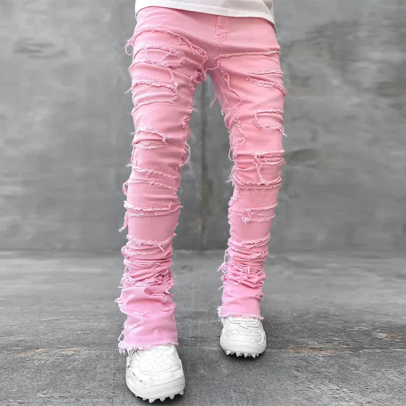Men Jeans Ripped Vintage Tassel Wash Old Slim Stacked Patch Hip Hop Pencil Denim Man Pants 2026 Streetwear Male Long Trousers