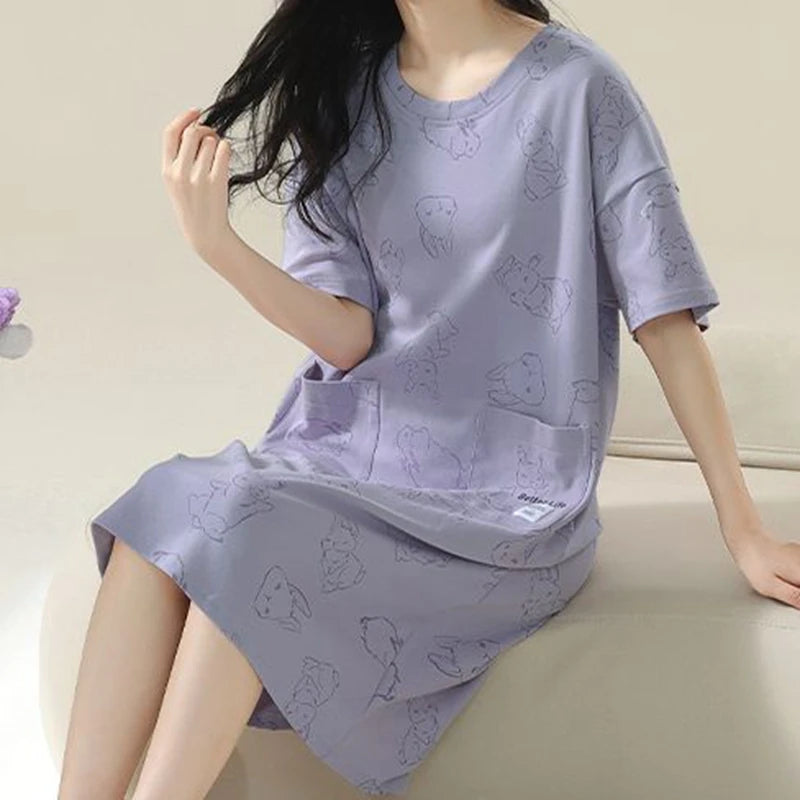100% COTTON! SUKAE Summer New Women Lovely Sleepshirt Fashion Nightgowns Leisure Dress Casual Nightdress Short Sleeves Nightgown