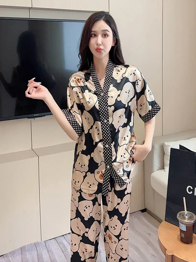 Ice Silk Pajamas Women Summer Short Sleeve Trousers Cartoon Bear Pajamas Cardigan Green Letter Sleepwear Homewear Set Kimono