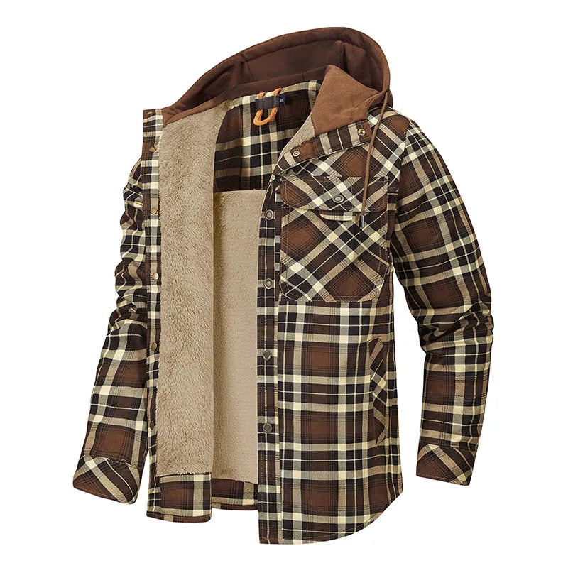 Winter Men Plaid Fleece Shirts Coats Mens Hooded Casual Shirts Man Sport Outdoor Loose Shirt Jacket Men Button Down Hoodie Shirt