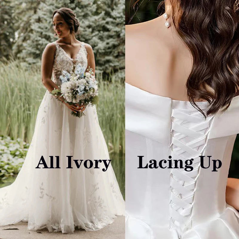 VIKTORIA Fashion Aline Wedding Dresses V-neck Custom-Made Court Train Appliques Sleeveless Robe De Mariée Engagement Plus