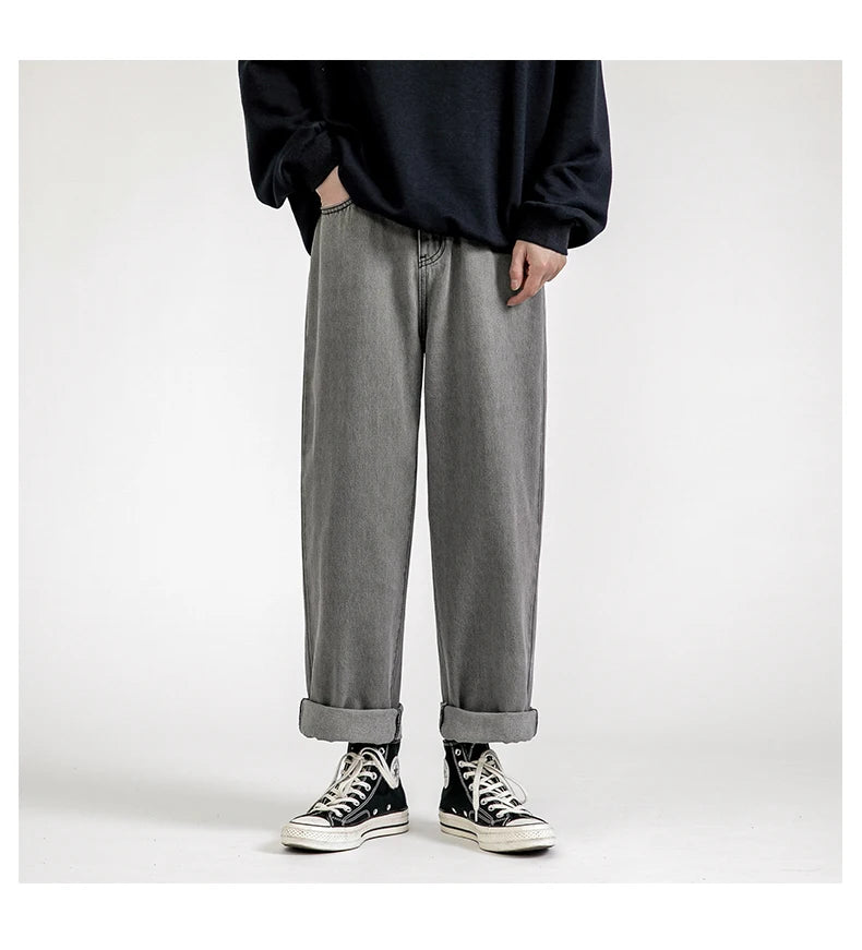 2023 New Korean Fashion Men's Baggy Jeans Classic Unisex Man Straight Denim Wide-leg Pants Hip Hop Bagy Light Blue Grey Black