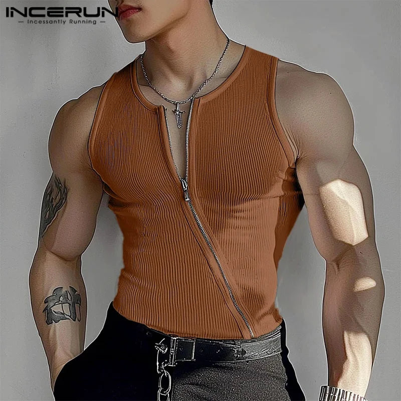 2025 Men Tank Tops Solid Color Knitted Zipper Sleeveless Male Vests Summer Streetwear Skinny Fashion Men Clothing S-3XL INCERUN