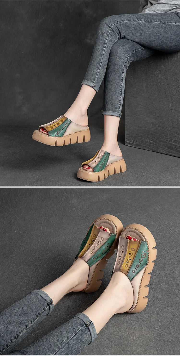 GKTINOO Genuine Leather Summer Shoes Women Slippers Wedges Outside Slides Leisure 2026 New Handmade Concise Ladies Slippers