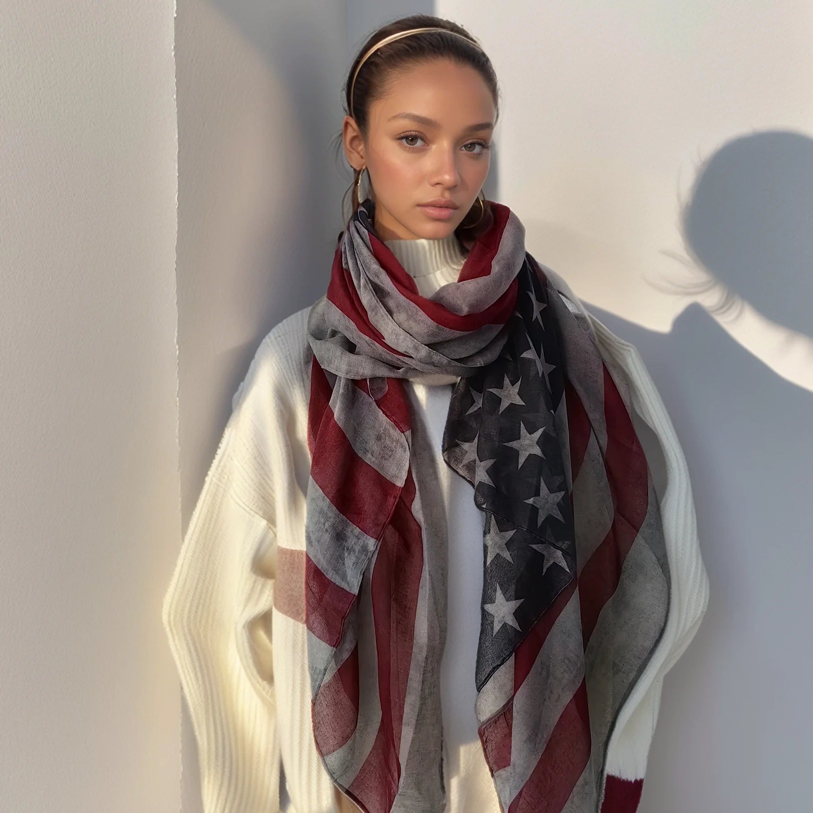 Popular Shawl American Flag Oblong Scarfs Patriotic Stars Pattern Headscarf Muffler Voile Soft Wrap Geometric Stripes Scarf