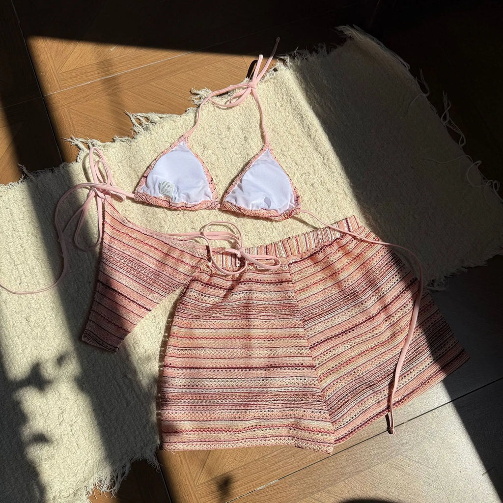 Sexy Crochet Bikini Set 2026 Women Coffee Contrast Striped High Waist Panties 3 Piece Swimsuit Bathing Suit Knitted Swimwear