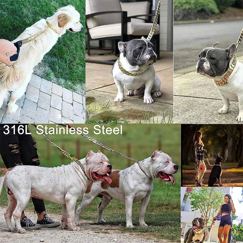 Stainless Steel Dog Leash Pet  Lead Traction  Super Strong Gold Collar Chain 32mm 19mm Bulldog Pitbull Large Dog Collar Leash
