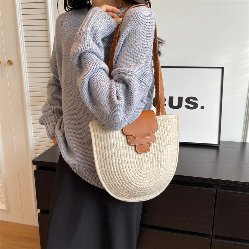 Large Capacity Beach Shopping Bag Luxury Design Woven Shoulder Bag Women Handmade Cotton Thread Woven Handbag Summer Travel Bag
