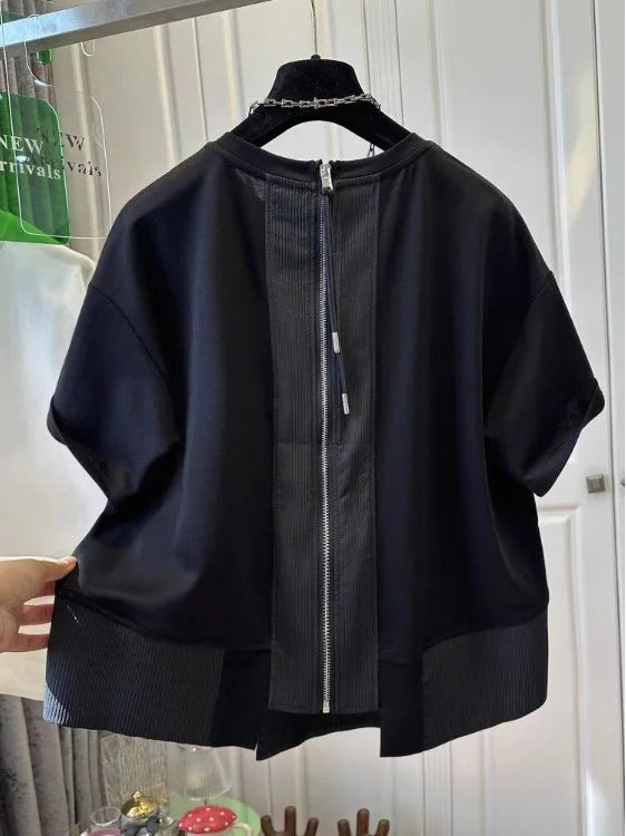 Summer New Loose Unique round Ne f Sve T-irt Women's ort Sve Patchwork Top Comfortable Breathable Retro Sle