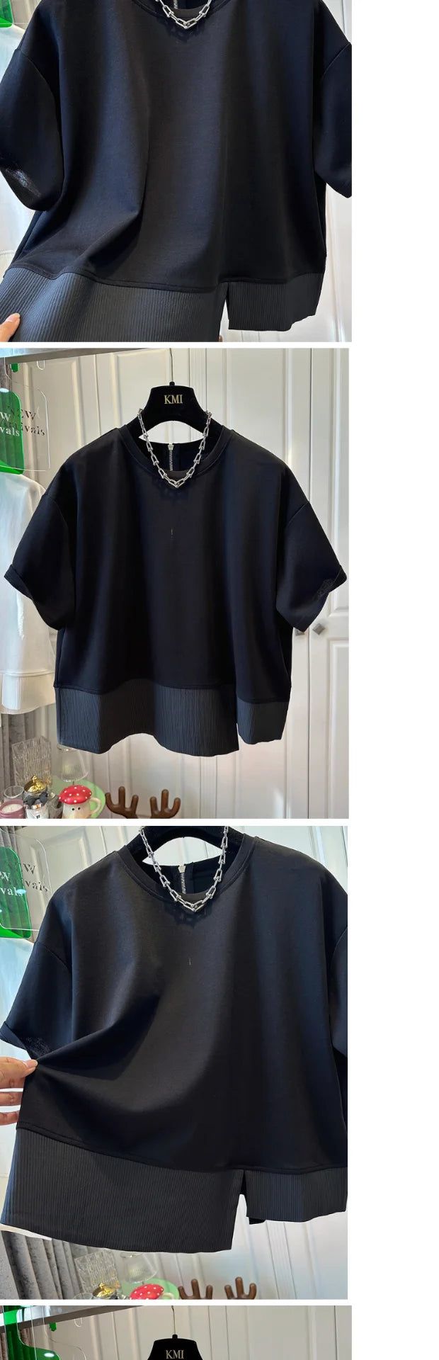 Summer New Loose Unique round Ne f Sve T-irt Women's ort Sve Patchwork Top Comfortable Breathable Retro Sle