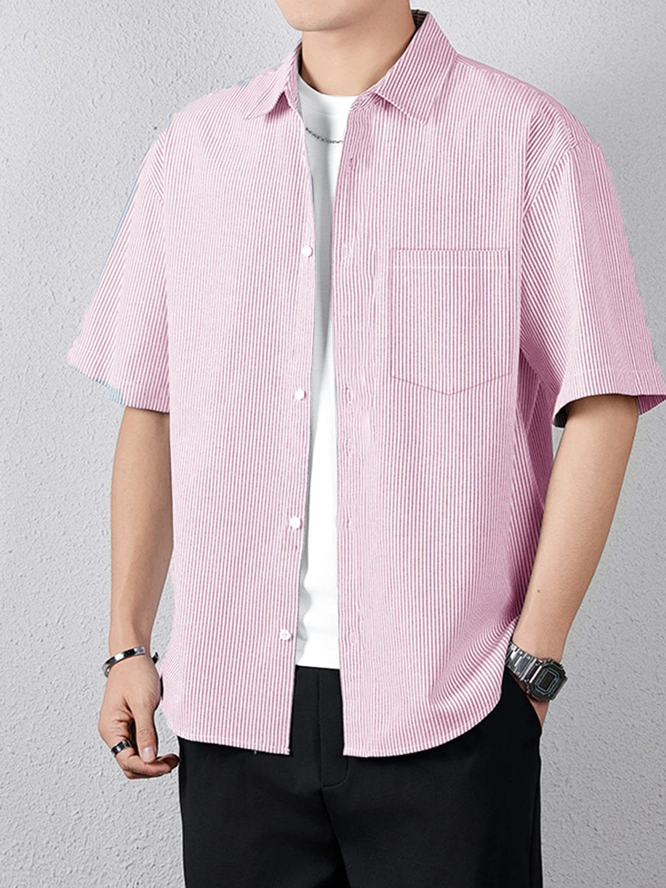 Short-sleeved shirt men's simple pinstripe high-end top summer loose and versatile new high-end men's shirt