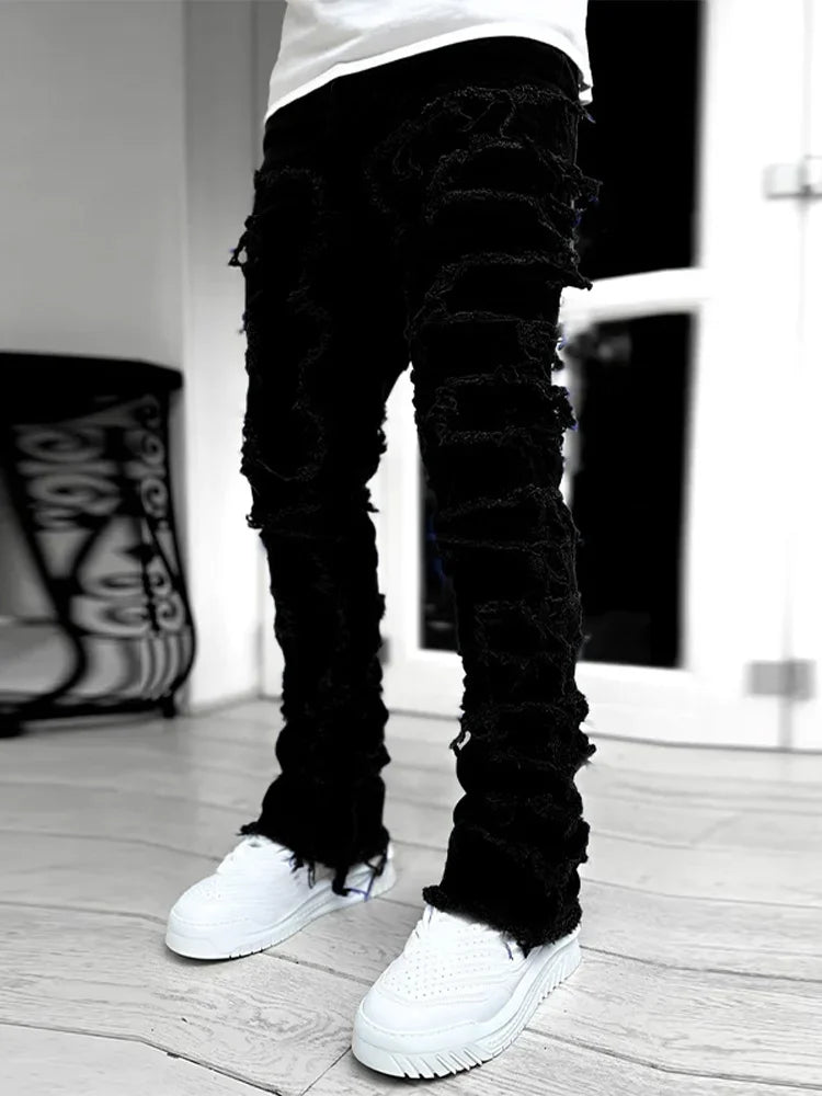 Men Jeans Ripped Vintage Tassel Wash Old Slim Stacked Patch Hip Hop Pencil Denim Man Pants 2026 Streetwear Male Long Trousers