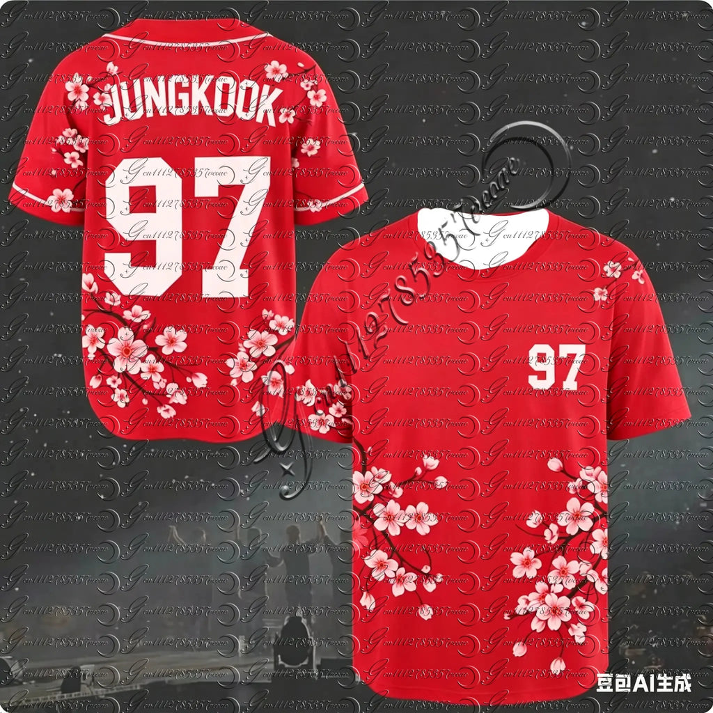 J-HOPE 94 Cherry Blossom Baseball Jersey, Floral Print Short Sleeve Shirt, Kpop Fans Casual Streetwear Tops for Kids&Youth