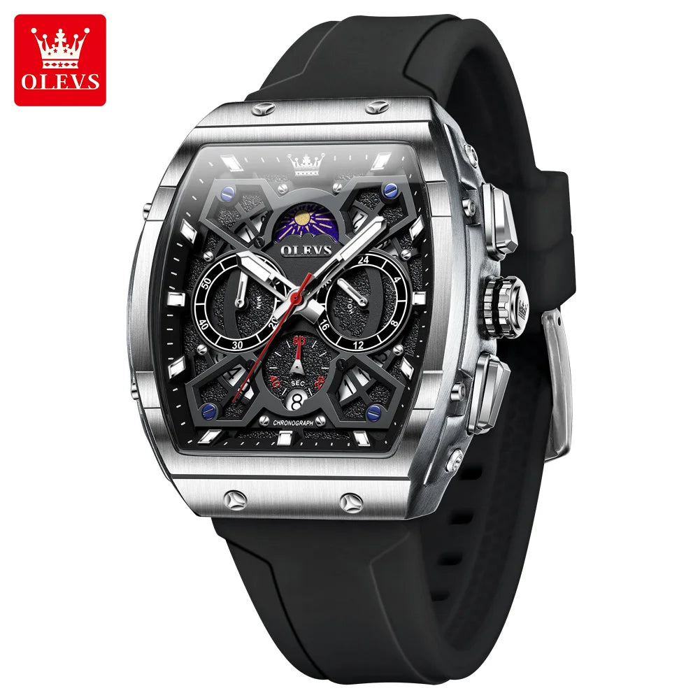 OLEVS 2942 Man Watch Silicone Strap Tonneau Design Dial Multifunction Quartz Watch for Men Moon Phase Calendar Chronograph Watch