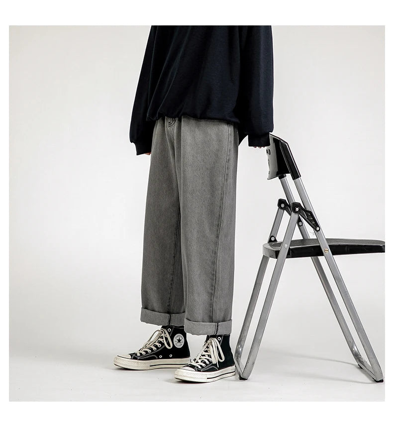 2023 New Korean Fashion Men's Baggy Jeans Classic Unisex Man Straight Denim Wide-leg Pants Hip Hop Bagy Light Blue Grey Black