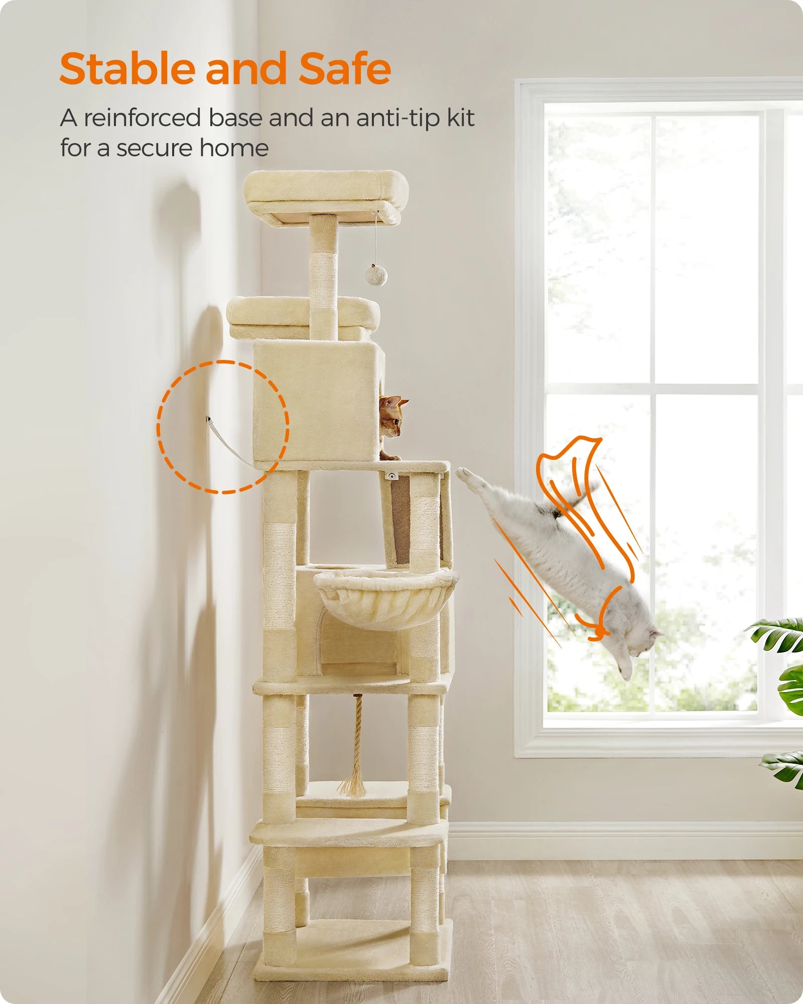 Feandrea Cat Tree, Height 206 cm, with 13 Scratching Posts, 2 Platform, 2 Kennels, Basket, Hammock, Pompom