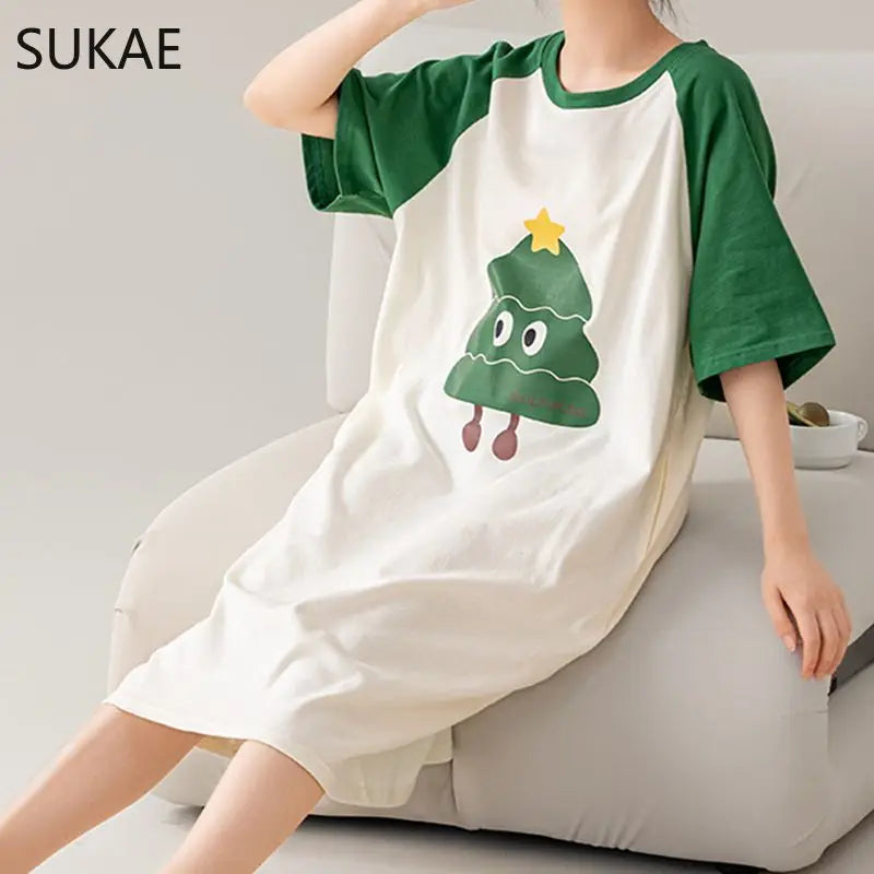 100% COTTON! SUKAE Summer New Women Lovely Sleepshirt Fashion Nightgowns Leisure Dress Casual Nightdress Short Sleeves Nightgown